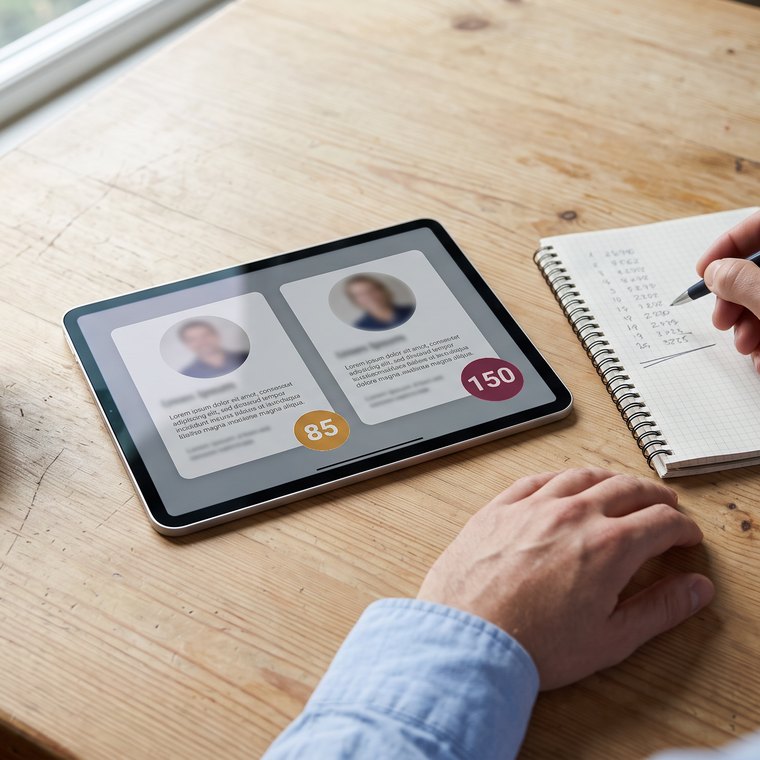 Sur une table de bois, deux profils de coachs affichés côte à côte sur une tablette, chacun avec son tarif ; à côté, une main note une colonne de chiffres dans un carnet.